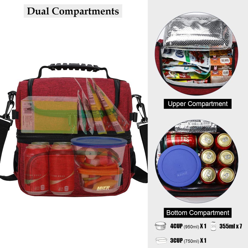 MIER Dual Compartment Lunch Bag Tote with Shoulder Strap for Men and Women Insulated Leakproof Cooler Bag  Dark Red - Image 2